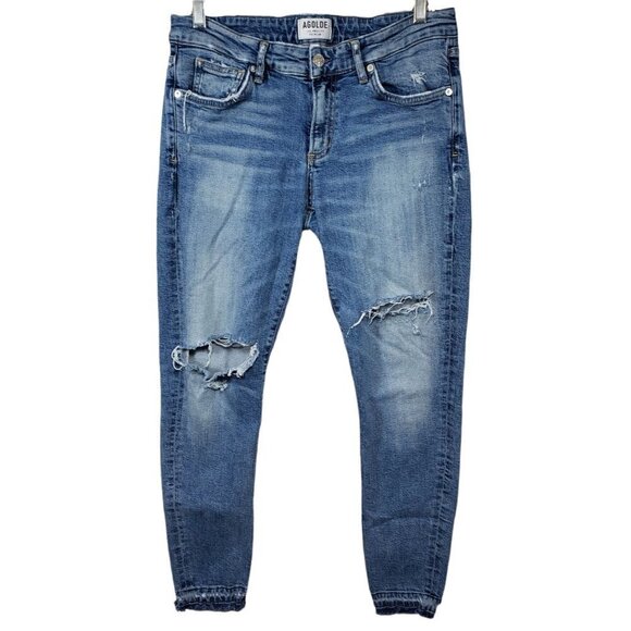 AGOLDE Lara Jeans SZ 29 8 Skinny Badlands Low Rise Distressed Raw Hem Cropped - Picture 2 of 13